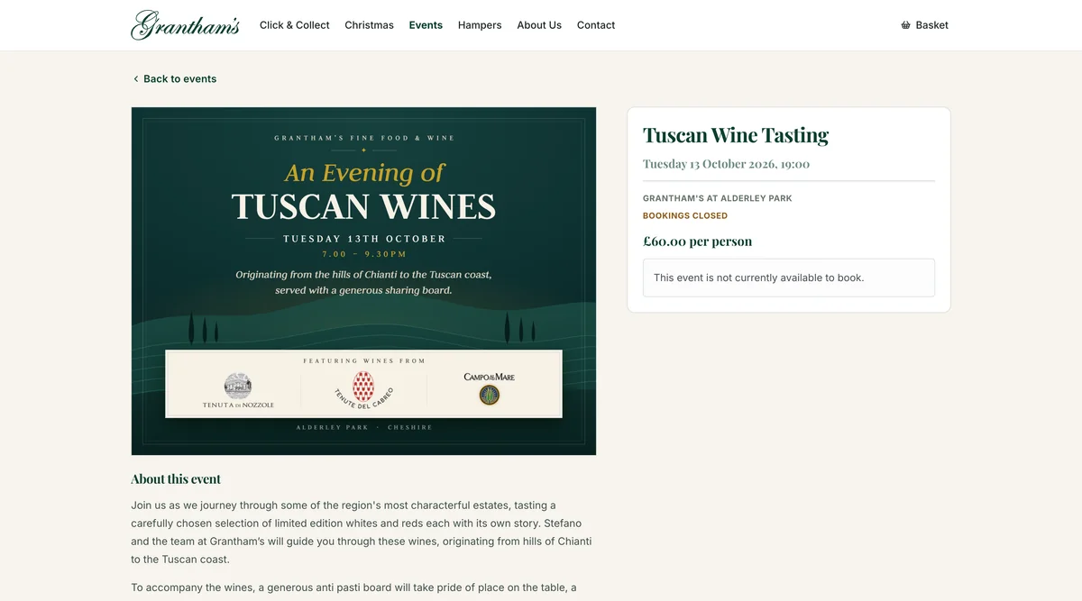 Grantham's Tuscan Wine Tasting event-detail page, showing bookings closed.