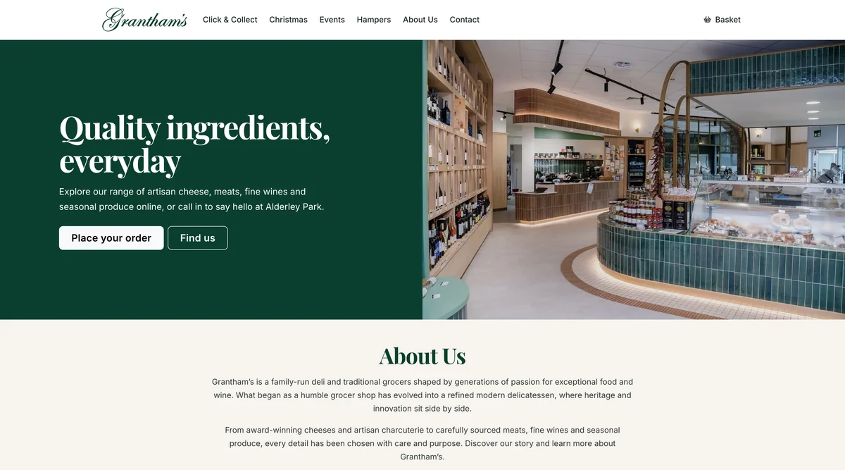 Grantham's homepage with its shop interior and Click & Collect introduction.