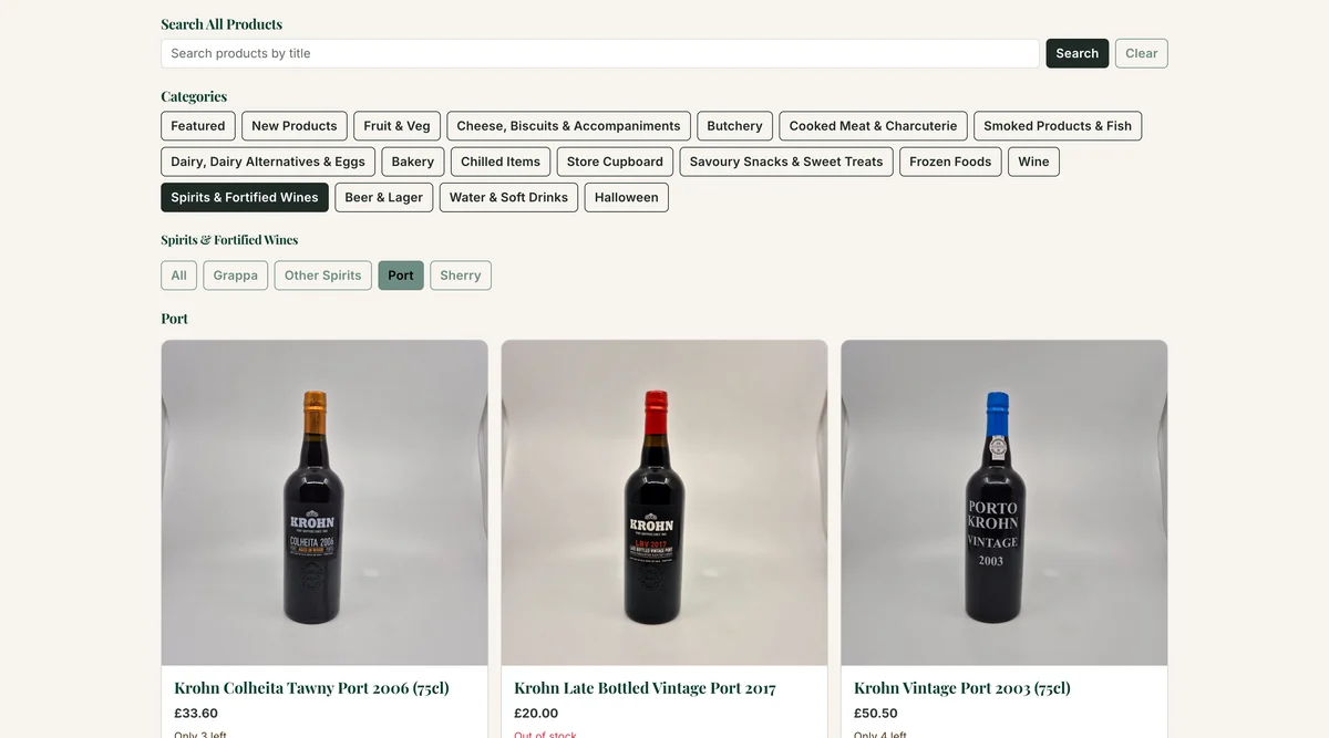Grantham's Click & Collect product browser showing categories and a selection of port.