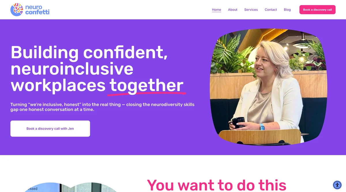 NeuroConfetti marketing homepage introducing neuroinclusive workplaces.