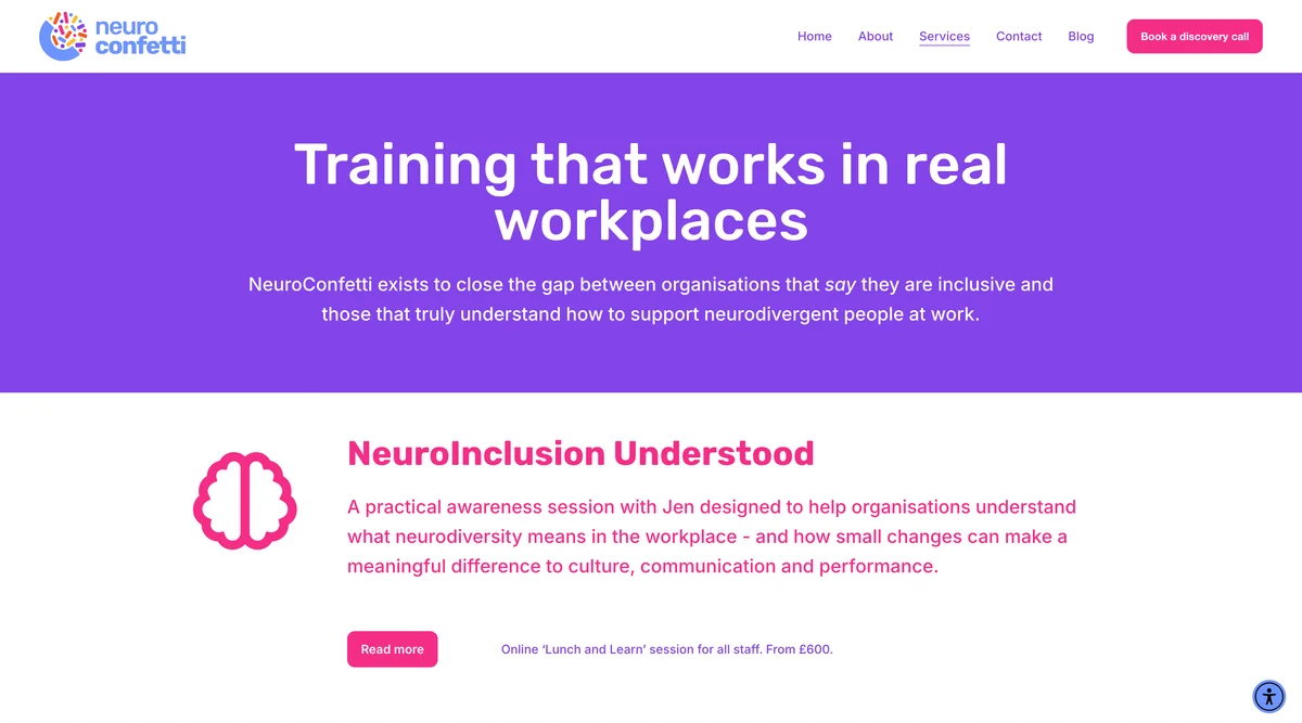 NeuroConfetti services page introducing its workplace neuroinclusion training.