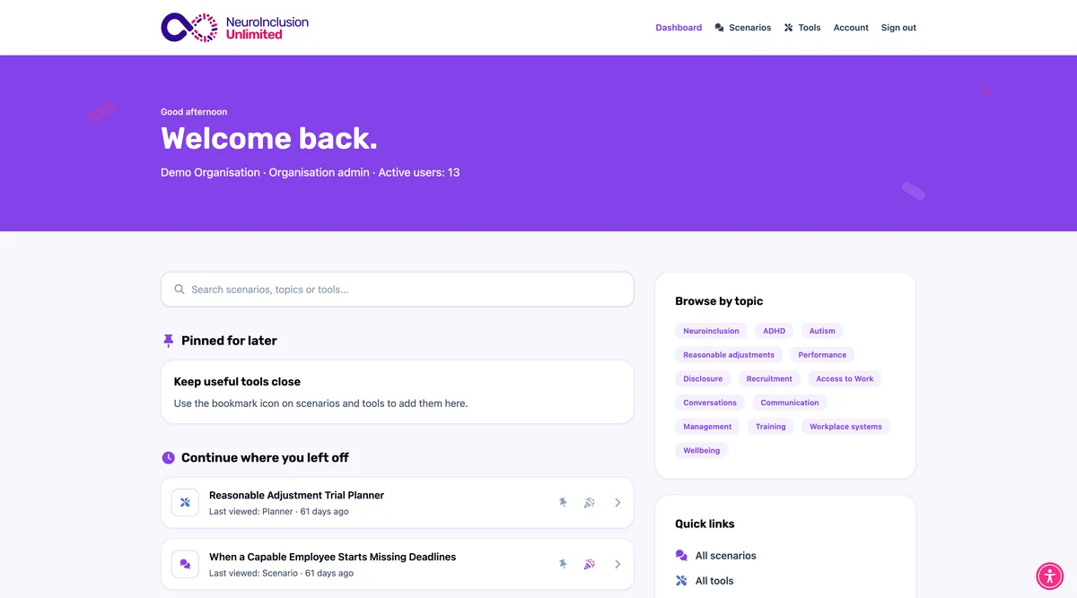 NeuroInclusion Unlimited beta dashboard for a demo organisation, with scenarios, tools and topics.